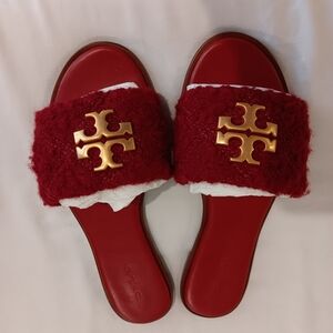 Tory Burch Red Fuzzy Slide Sandals with Gold Logo Hardware